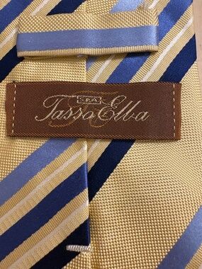 Tasso Elba 100% Silk Striped Men’s Necktie Gold Blue White Classic Regimental